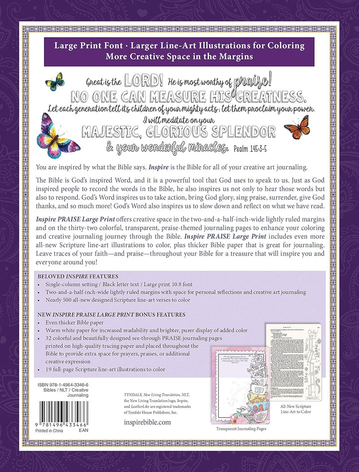 Tyndale NLT Inspire PRAISE Bible (Large Print, Hardcover, Purple): Inspire Coloring Bible