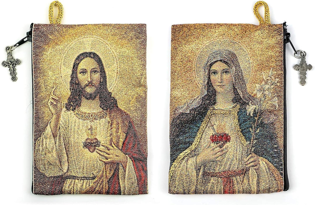 Woven Tapestry Rosary Pouch, Jewelry &amp; Coin Purse - Sacred Heart of Jesus &amp; Immaculate Heart of Mary