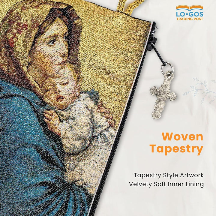 Woven Tapestry Rosary Pouch, Jewelry &amp; Coin Purse - Virgin Mary and Baby Jesus &amp; Face of Christ