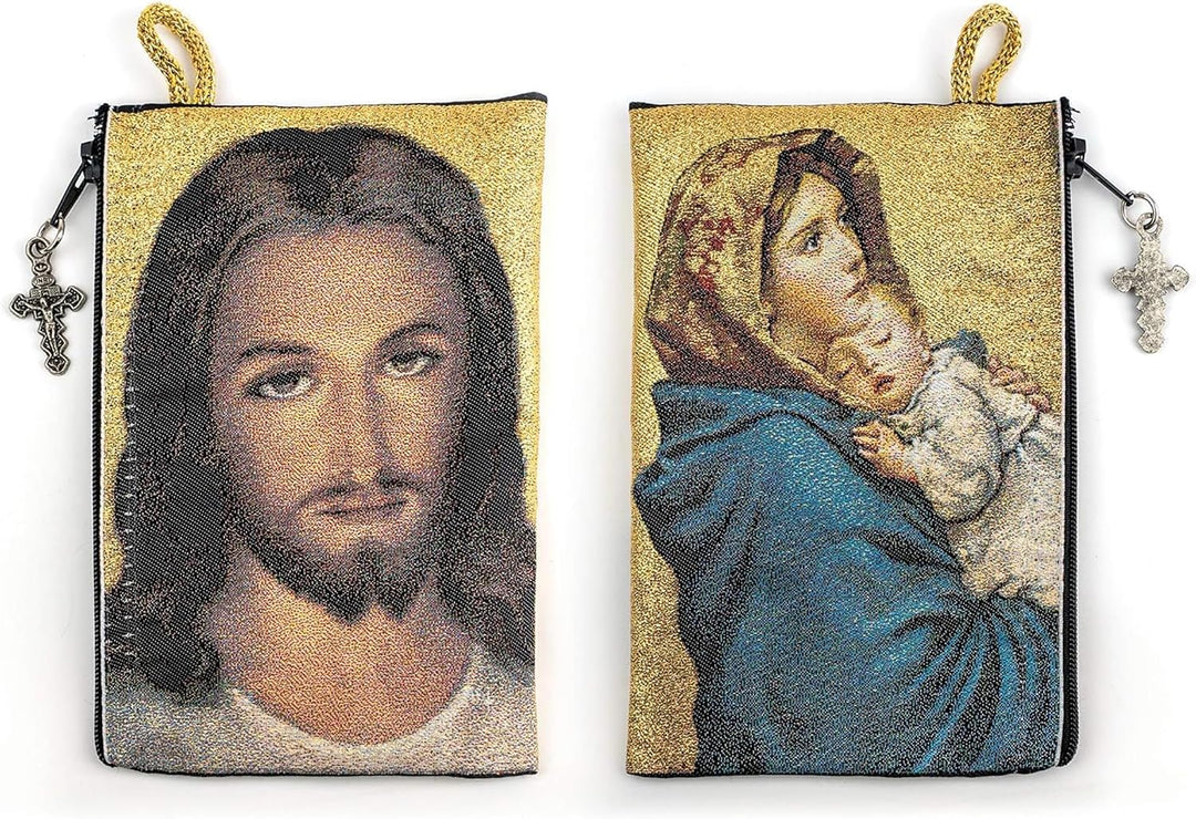 Woven Tapestry Rosary Pouch, Jewelry &amp; Coin Purse - Virgin Mary and Baby Jesus &amp; Face of Christ