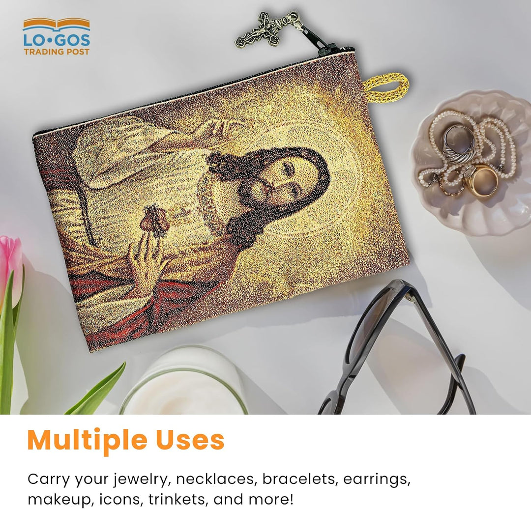 Woven Tapestry Rosary Pouch, Jewelry &amp; Coin Purse - Sacred Heart of Jesus &amp; Immaculate Heart of Mary