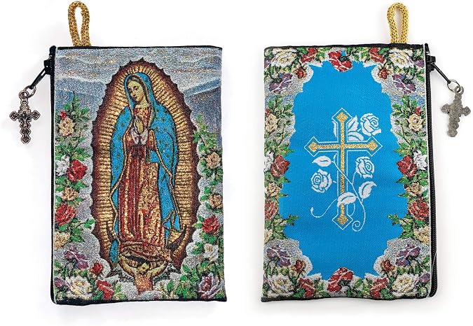 Rosary Pouch - Our Lady of Guadalupe, Virgin Mary icon and Flowers with Cross