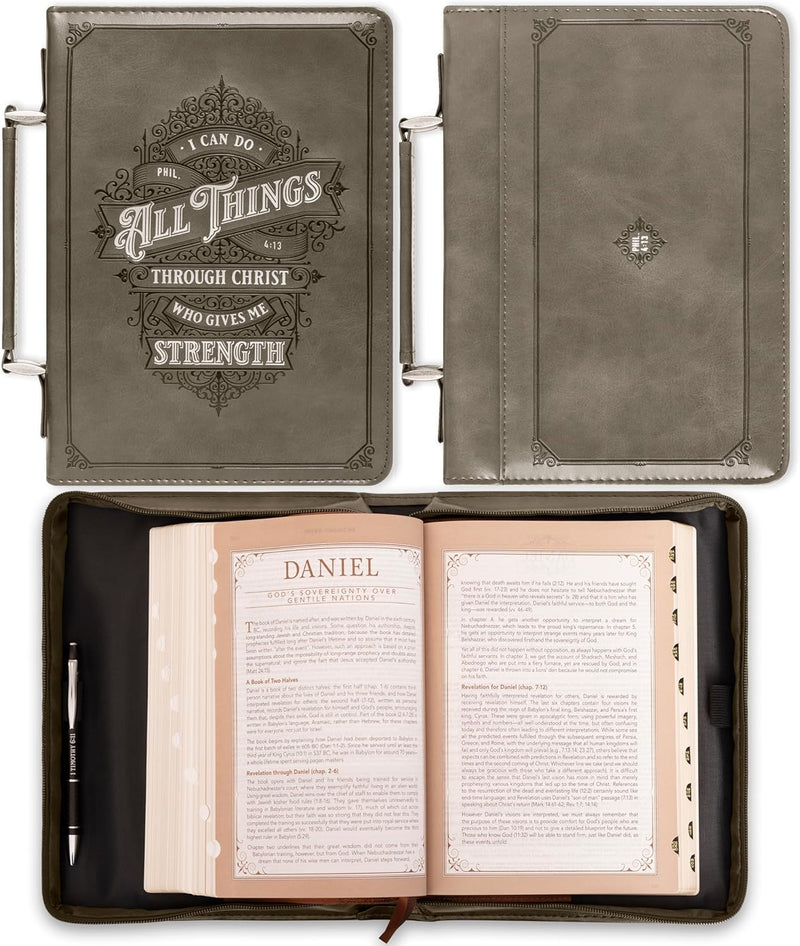 Bible Cover - All Things Through Christ - Philippians 4:13 Bible Verse with Zipper and Pocket, M