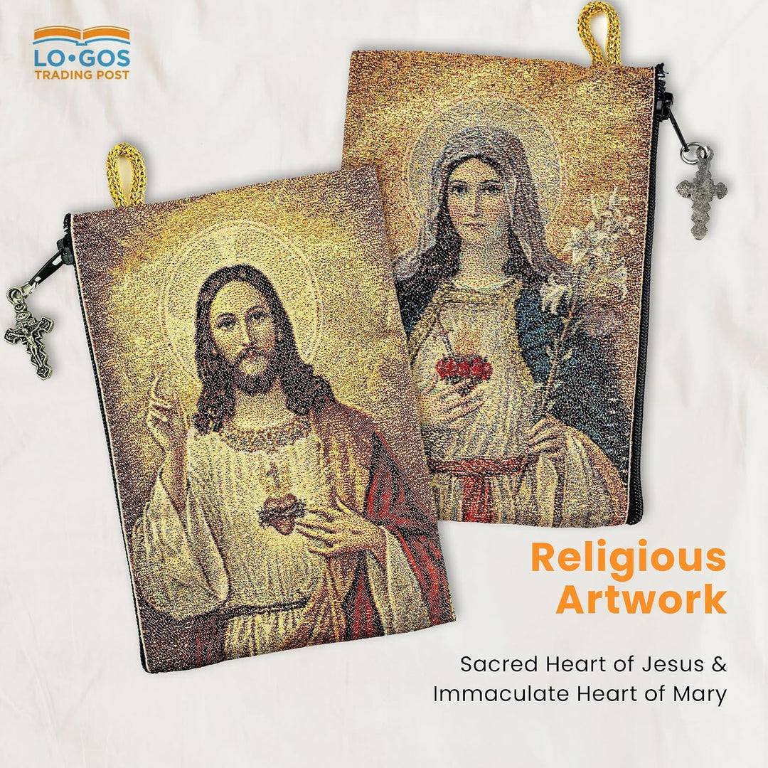 Woven Tapestry Rosary Pouch, Jewelry &amp; Coin Purse - Sacred Heart of Jesus &amp; Immaculate Heart of Mary