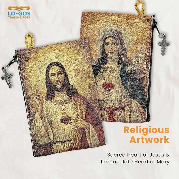 Woven Tapestry Rosary Pouch, Jewelry &amp; Coin Purse - Sacred Heart of Jesus &amp; Immaculate Heart of Mary
