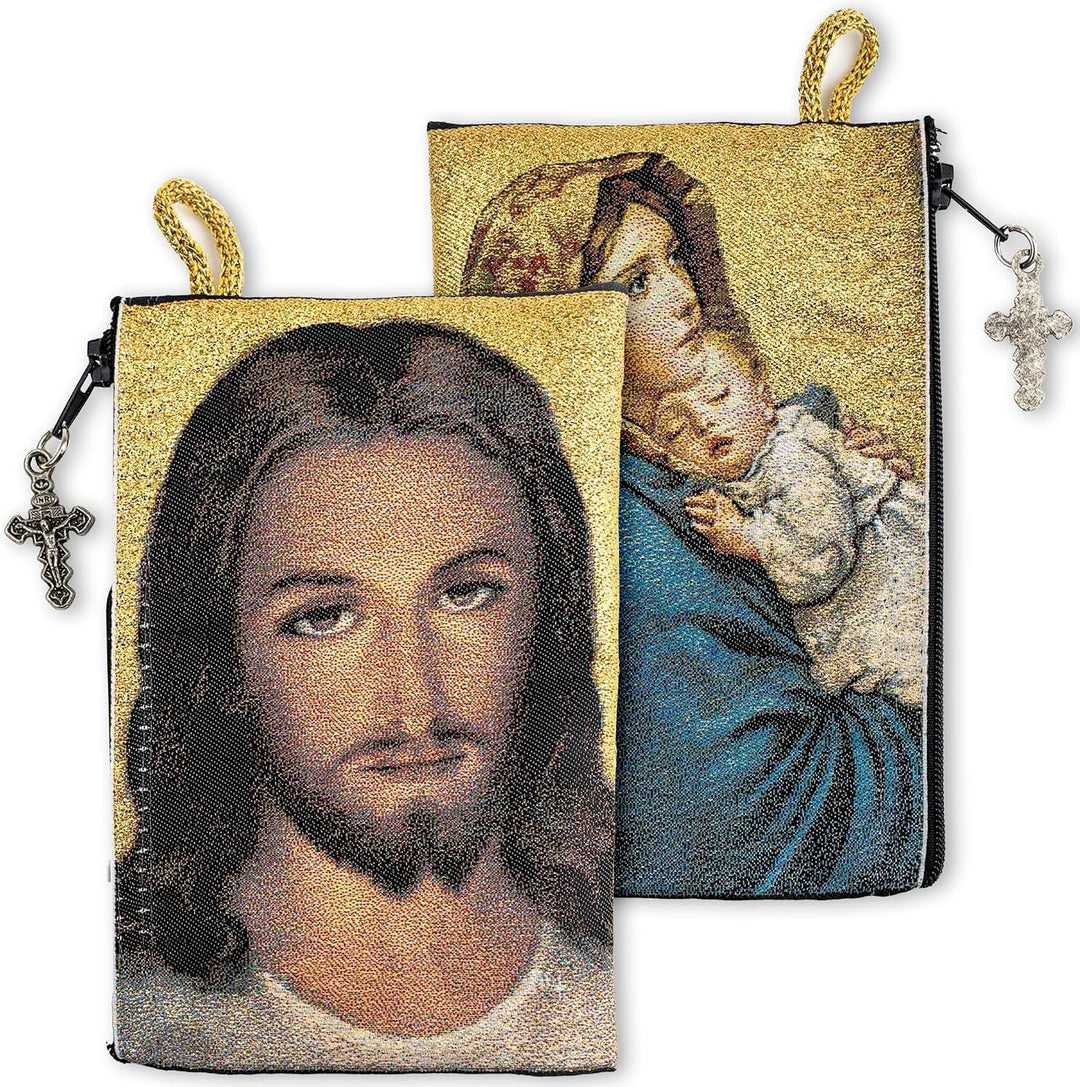 Woven Tapestry Rosary Pouch, Jewelry &amp; Coin Purse - Virgin Mary and Baby Jesus &amp; Face of Christ