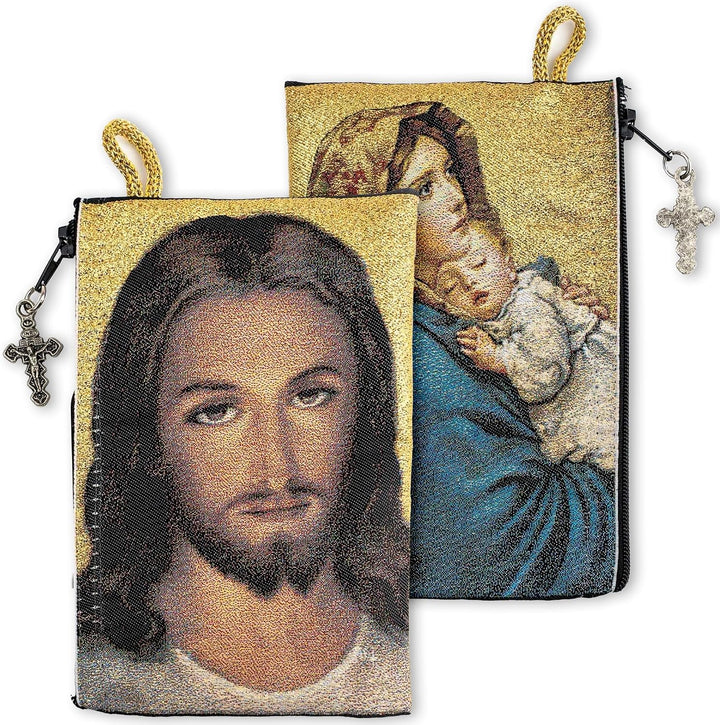 Woven Tapestry Rosary Pouch, Jewelry &amp; Coin Purse - Virgin Mary and Baby Jesus &amp; Face of Christ