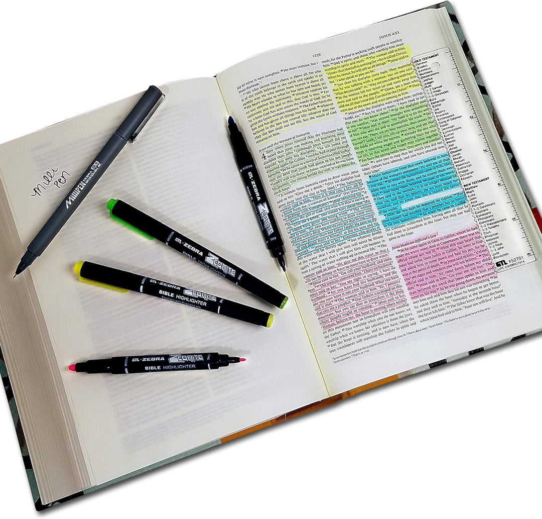 G.T. Luscombe Company, Inc. Zebrite Bible Marking Kit | No Bleed Pigmented Ink | No Fading or Smearing | Double Ended Highlighters, Note Pen &amp; Books of the Bible Ruler/Bookmark (Set of 5 + Ruler)