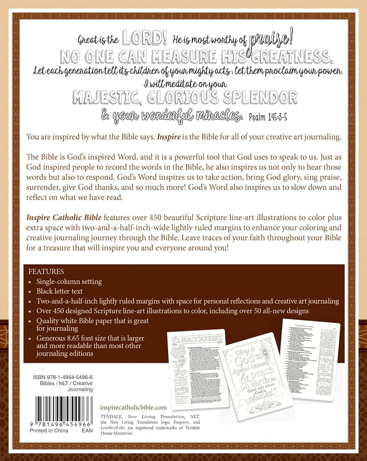 Inspire Catholic Bible NLT (LeatherLike, Dark Brown): The Bible for Coloring &amp; Creative Journaling Imitation Leather
