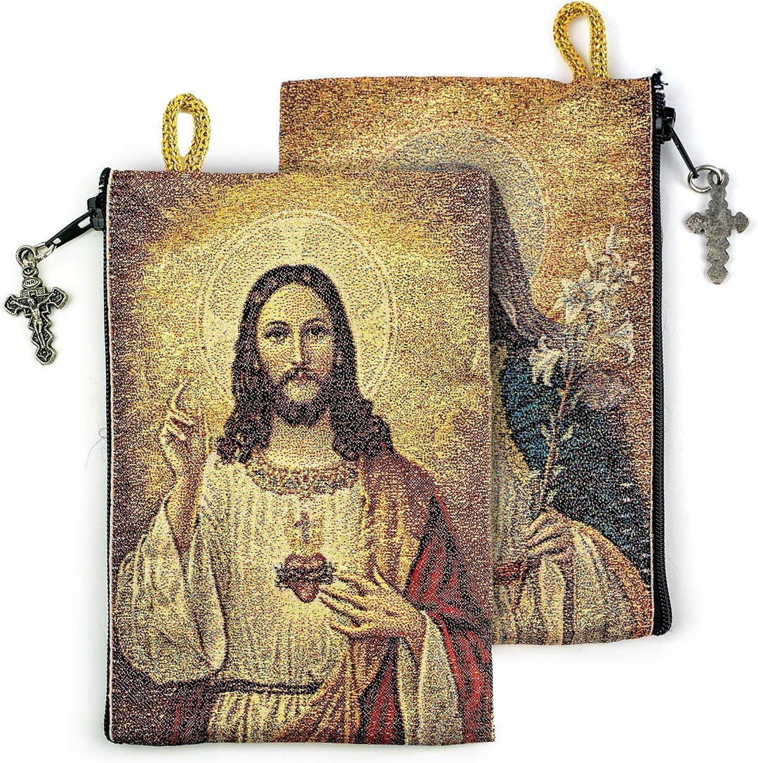 Woven Tapestry Rosary Pouch, Jewelry &amp; Coin Purse - Sacred Heart of Jesus &amp; Immaculate Heart of Mary