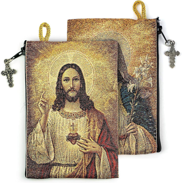 Woven Tapestry Rosary Pouch, Jewelry &amp; Coin Purse - Sacred Heart of Jesus &amp; Immaculate Heart of Mary