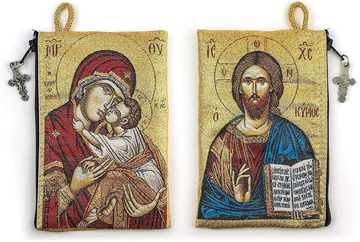 Woven Tapestry Rosary Pouch, Jewelry &amp; Coin Purse - Virgin Mary Sweet Kiss &amp; Jesus King of the Universe