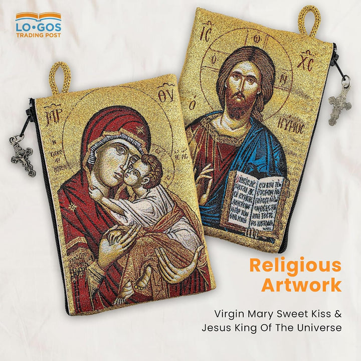 Woven Tapestry Rosary Pouch, Jewelry &amp; Coin Purse - Virgin Mary Sweet Kiss &amp; Jesus King of the Universe