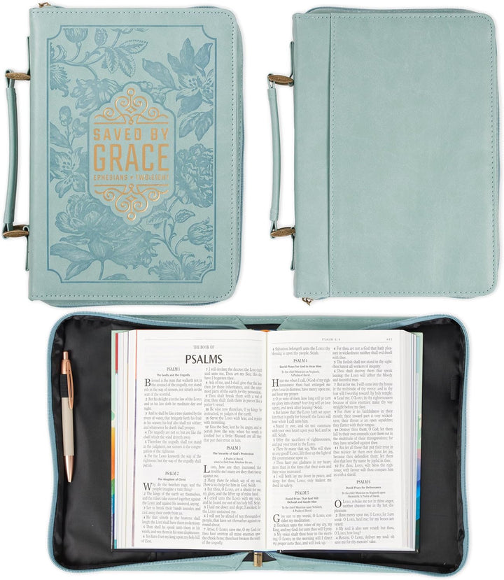 Saved by Grace Teal Faux Leather Fashion Bible Cover - Ephesians 2:8