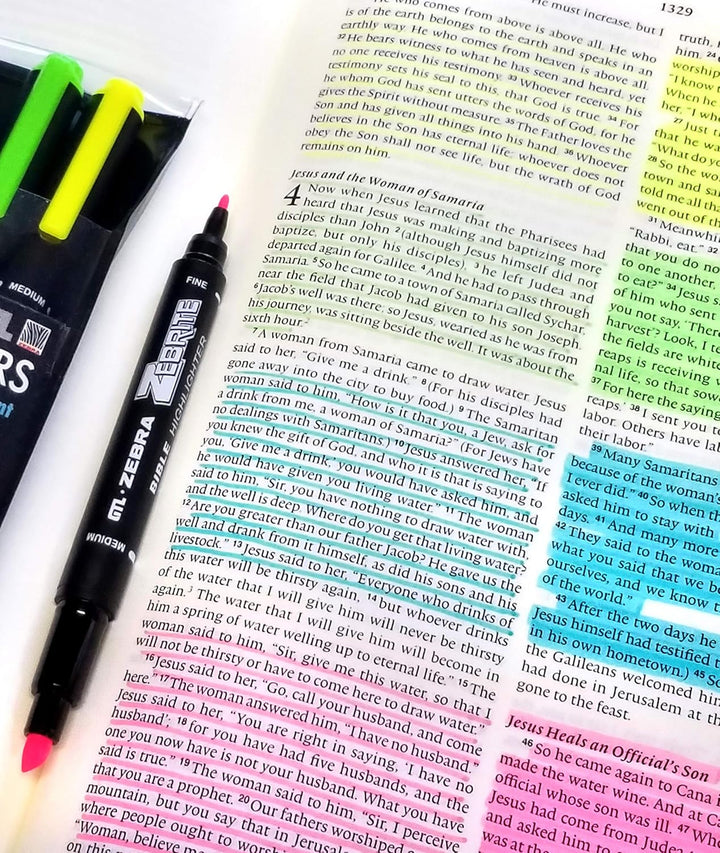 G.T. Luscombe Company, Inc. Zebrite Bible Marking Kit | No Bleed Pigmented Ink | No Fading or Smearing | Double Ended Highlighters, Note Pen &amp; Books of the Bible Ruler/Bookmark (Set of 5 + Ruler)