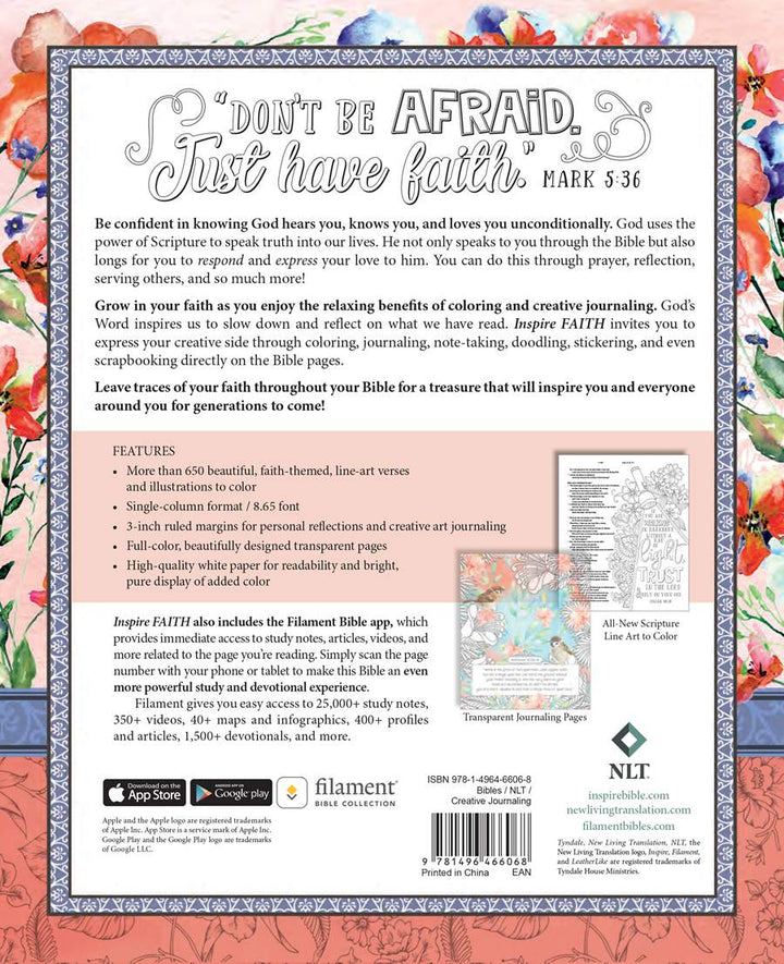 Inspire FAITH Bible NLT, Filament Enabled The Bible for Coloring &amp; Creative Journaling