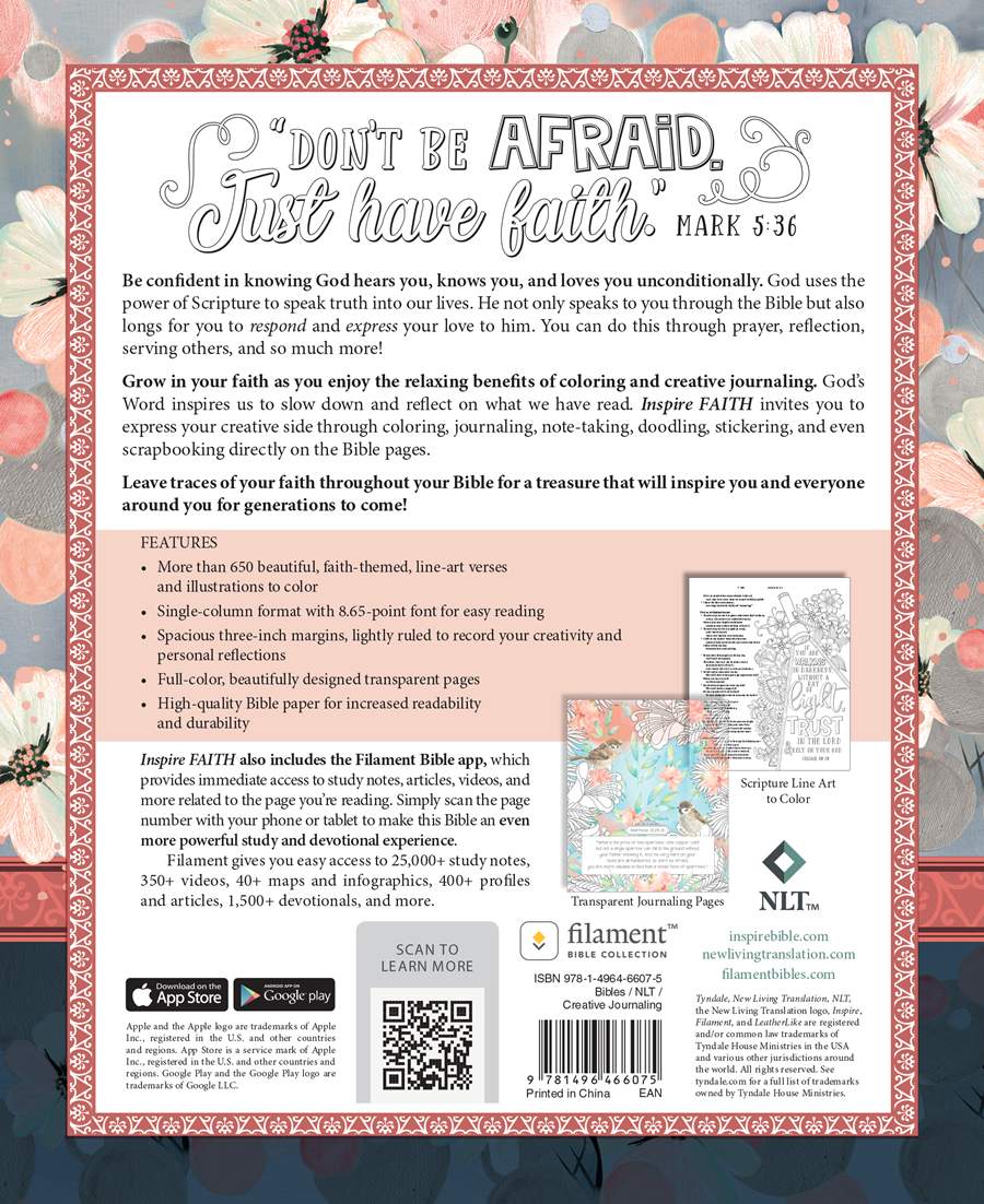 Inspire FAITH Bible NLT, Filament Enabled The Bible for Coloring &amp; Creative Journaling