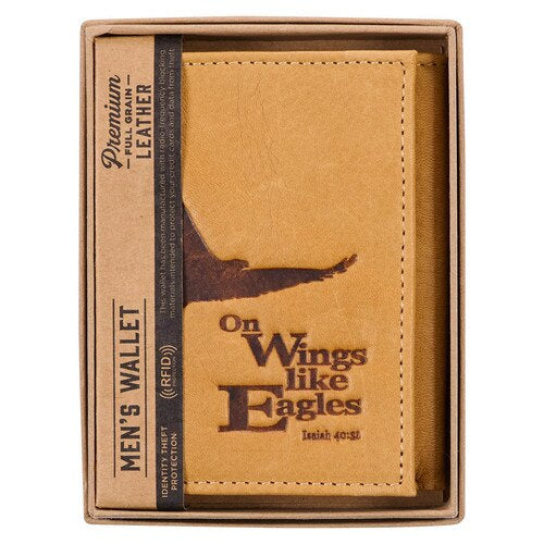 Wings Like Eagles Camel Tan Full Grain Leather Trifold Wallet