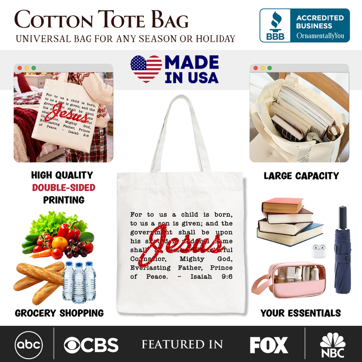 Jesus Christmas Bible Verse Tote Bag, Isaiah 9:6 Gift Shopper for Faithful Believers