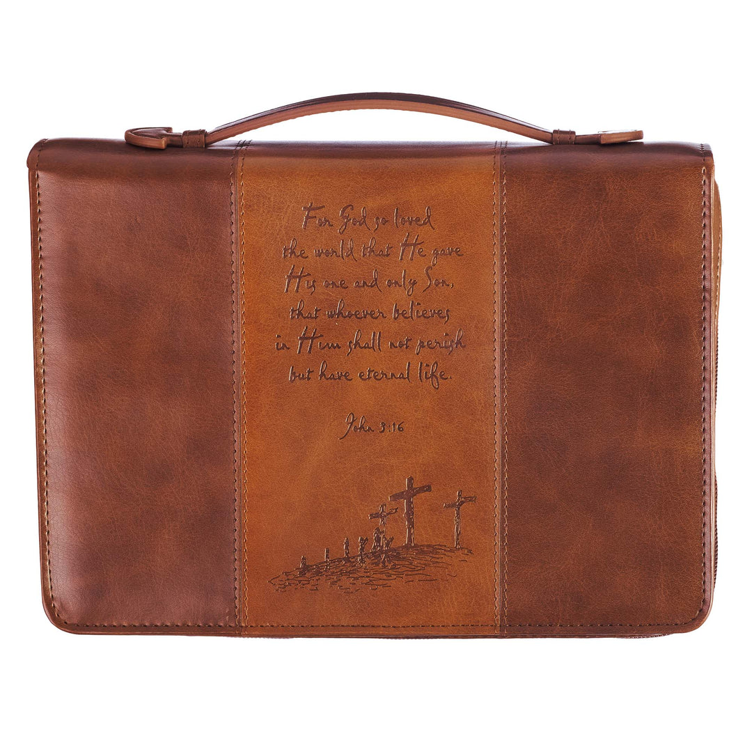 For God So Loved the World Two-tone Tan Faux Leather Classic Bible Cover (Large) - John 3:16