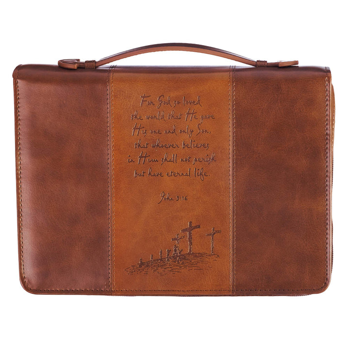 For God So Loved the World Two-tone Tan Faux Leather Classic Bible Cover (Large) - John 3:16