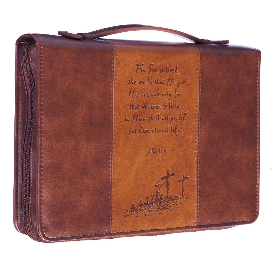 For God So Loved the World Two-tone Tan Faux Leather Classic Bible Cover (Large) - John 3:16