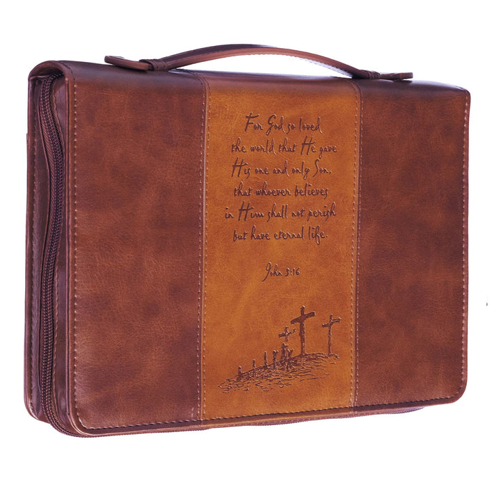 For God So Loved the World Two-tone Tan Faux Leather Classic Bible Cover (Large) - John 3:16