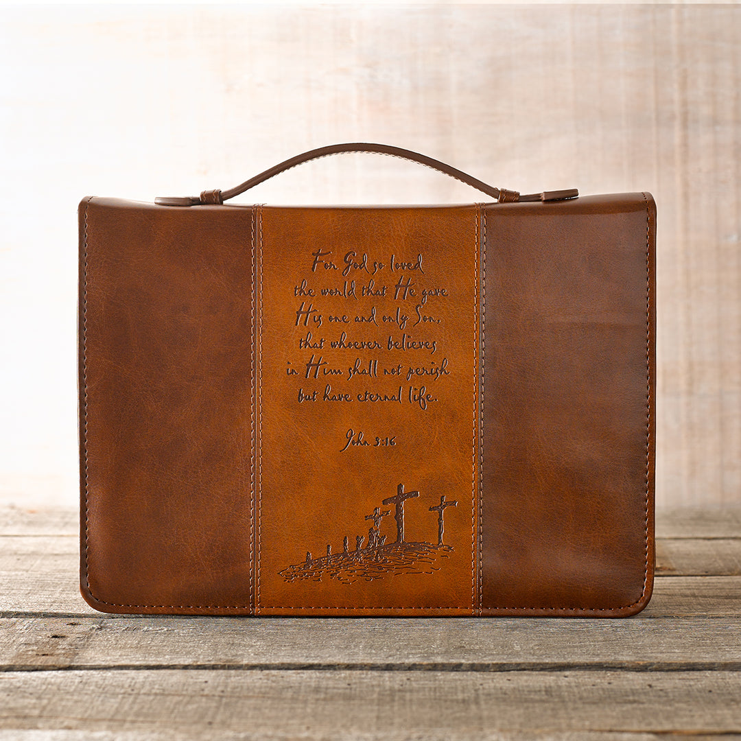 For God So Loved the World Two-tone Tan Faux Leather Classic Bible Cover (Large) - John 3:16