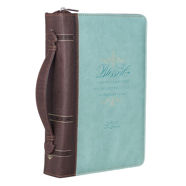 Blessed Light Blue Faux Leather Fashion Bible Cover - Luke 1:45 (Extra Large)