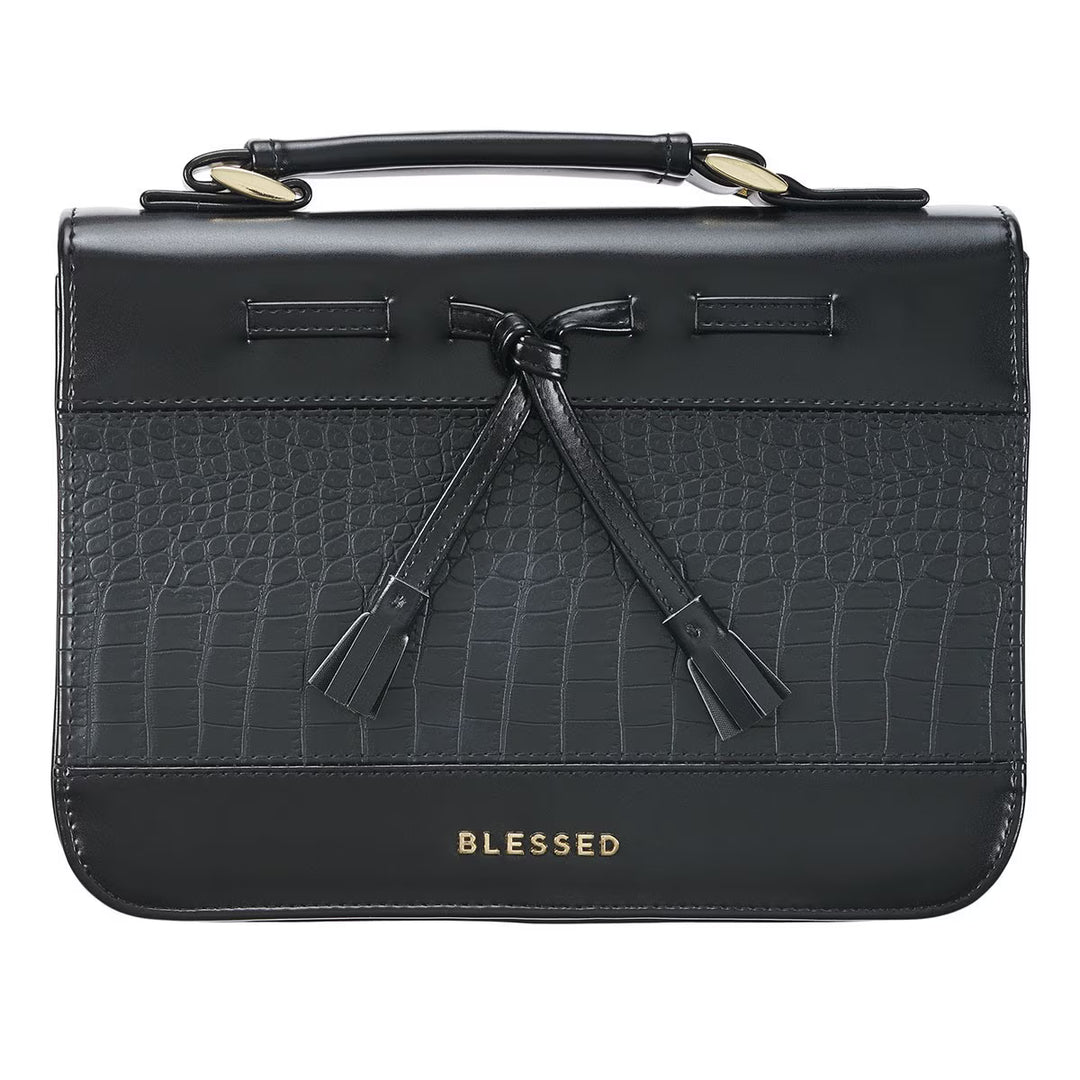 Blessed Black Croc Faux Leather Fashion Bible Cover with Tassels