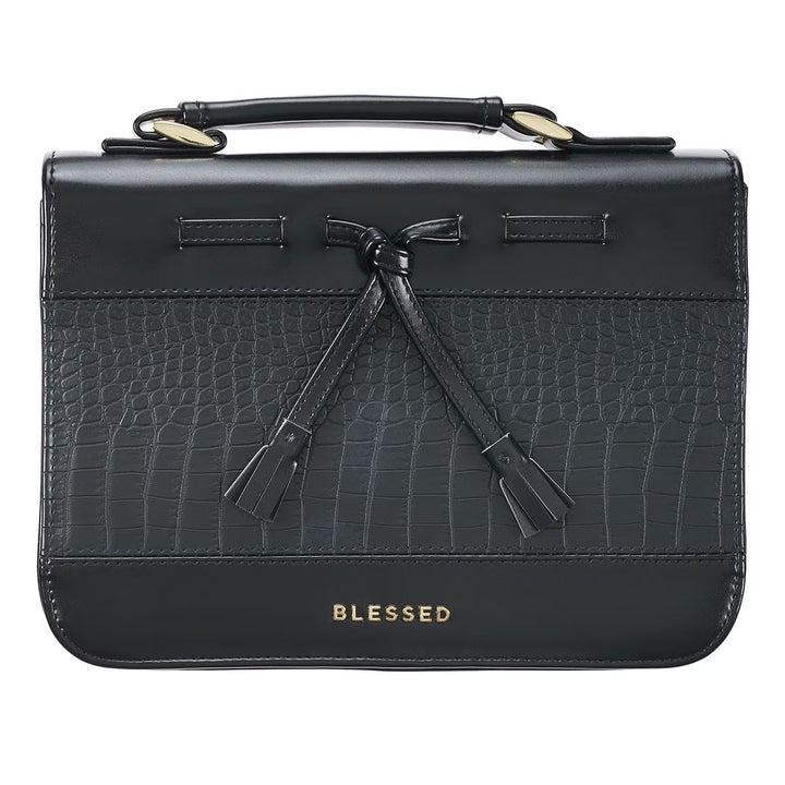Blessed Black Croc Faux Leather Fashion Bible Cover with Tassels