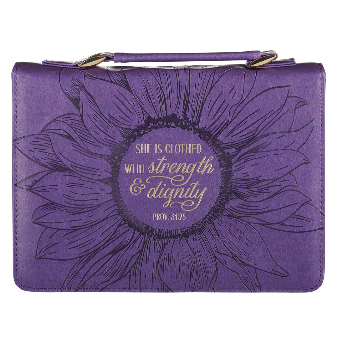 Purple Sunflower Strength &amp; Dignity Faux Leather Fashion Bible Cover - Proverbs 31:25 (Extra Large)