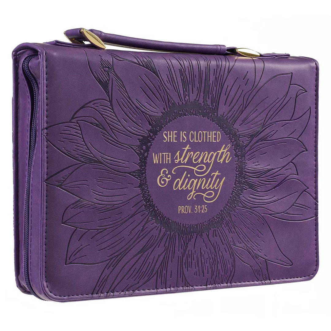 Purple Sunflower Strength &amp; Dignity Faux Leather Fashion Bible Cover - Proverbs 31:25 (Extra Large)