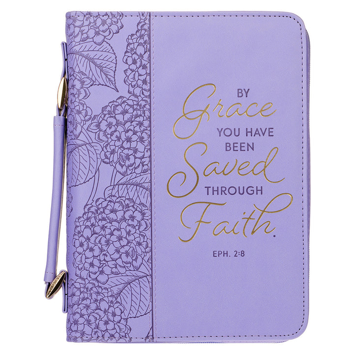 Saved by Grace Hydrangea Lavender Faux Leather Fashion Bible Cover - Ephesians 2:8 (Large)