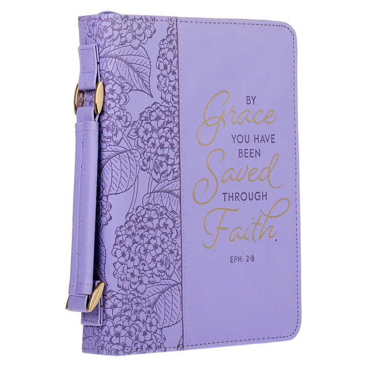Saved by Grace Hydrangea Lavender Faux Leather Fashion Bible Cover - Ephesians 2:8 (Large)