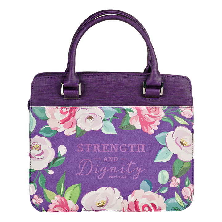 Strength and Dignity Purple Floral Purse-style Bible Cover - Proverbs 31:25 (Large)