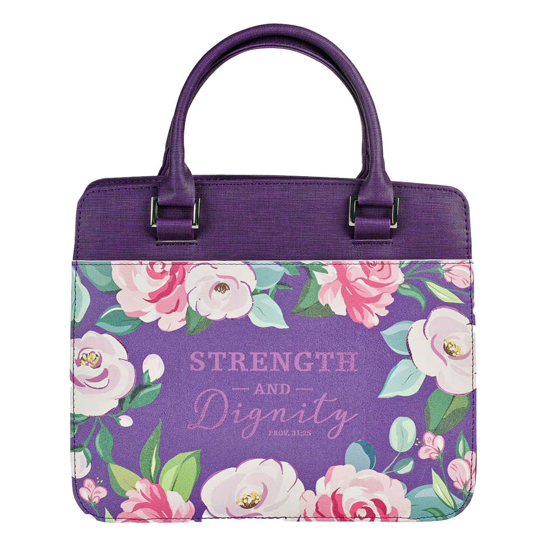 Strength and Dignity Purple Floral Purse-style Bible Cover - Proverbs 31:25 (Large)