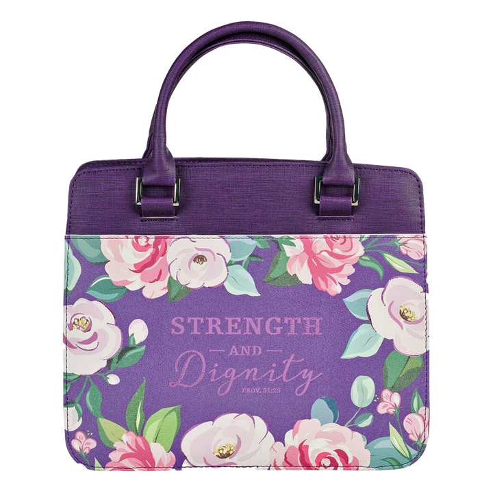 Strength and Dignity Purple Floral Purse-style Bible Cover - Proverbs 31:25 (Large)