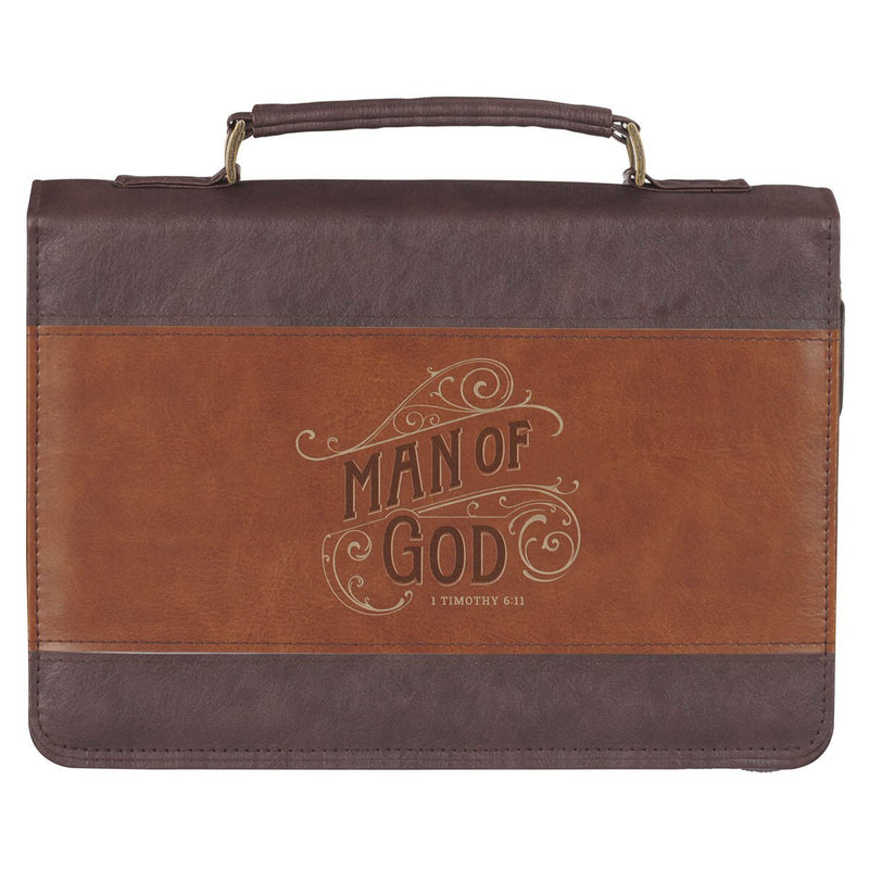 Man of God Honey-Brown and Espresso Faux Leather Bible Cover - 1 Timothy 6:11 (Large)