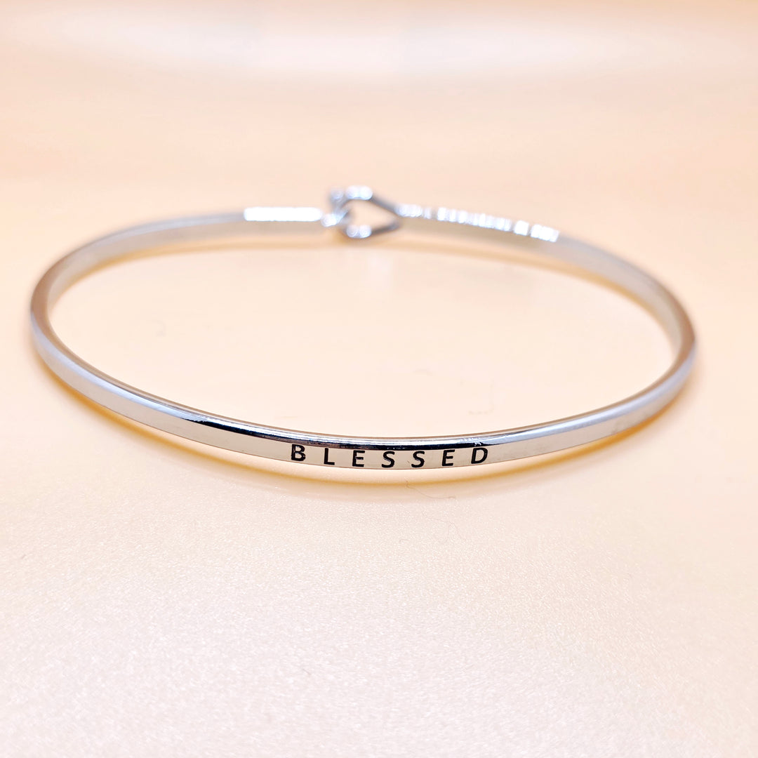 BLESSED Inspirational Message Bracelet Positive Message Engraved Thin Bangle - Jewelry