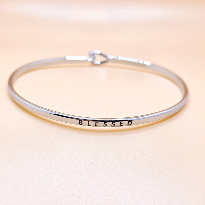 BLESSED Inspirational Message Bracelet Positive Message Engraved Thin Bangle - Jewelry