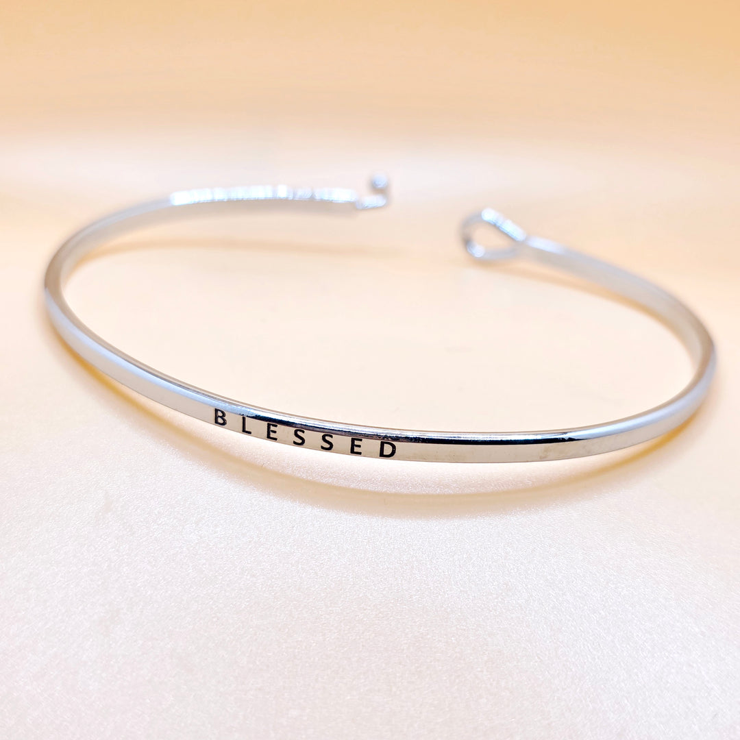 BLESSED Inspirational Message Bracelet Positive Message Engraved Thin Bangle - Jewelry