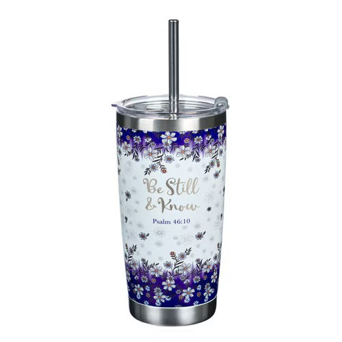 Be Still &amp; Know Blue Floral Stainless Steel Travel Mug with Reusable Stainless Steel Straw - Psalm 46:10