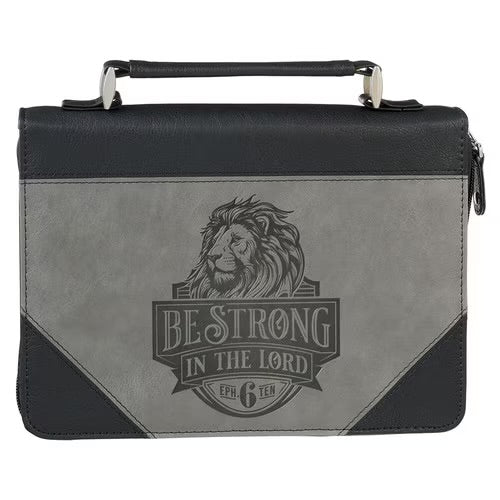 Be Strong in the Lord Black and Gray Lion Faux Leather Classic Bible Cover - Ephesians 6:10