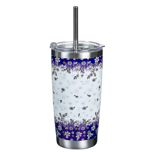 Be Still &amp; Know Blue Floral Stainless Steel Travel Mug with Reusable Stainless Steel Straw - Psalm 46:10