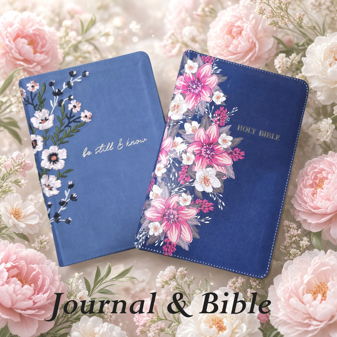 Floral Blue Faux Leather KJV Bible Zippered &amp; Be Still Floral Embroidered Blue Journal Zippered Bundle