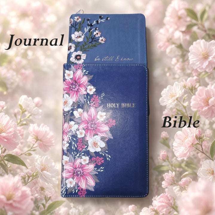 Floral Blue Faux Leather KJV Bible Zippered &amp; Be Still Floral Embroidered Blue Journal Zippered Bundle