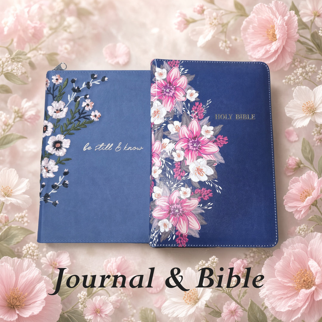 Floral Blue Faux Leather KJV Bible Zippered &amp; Be Still Floral Embroidered Blue Journal Zippered Bundle