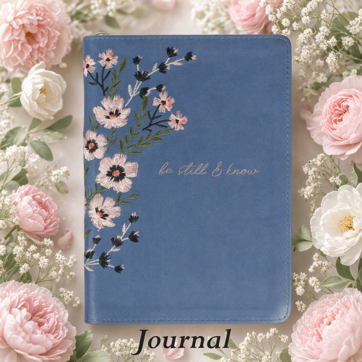 Floral Blue Faux Leather KJV Bible Zippered &amp; Be Still Floral Embroidered Blue Journal Zippered Bundle