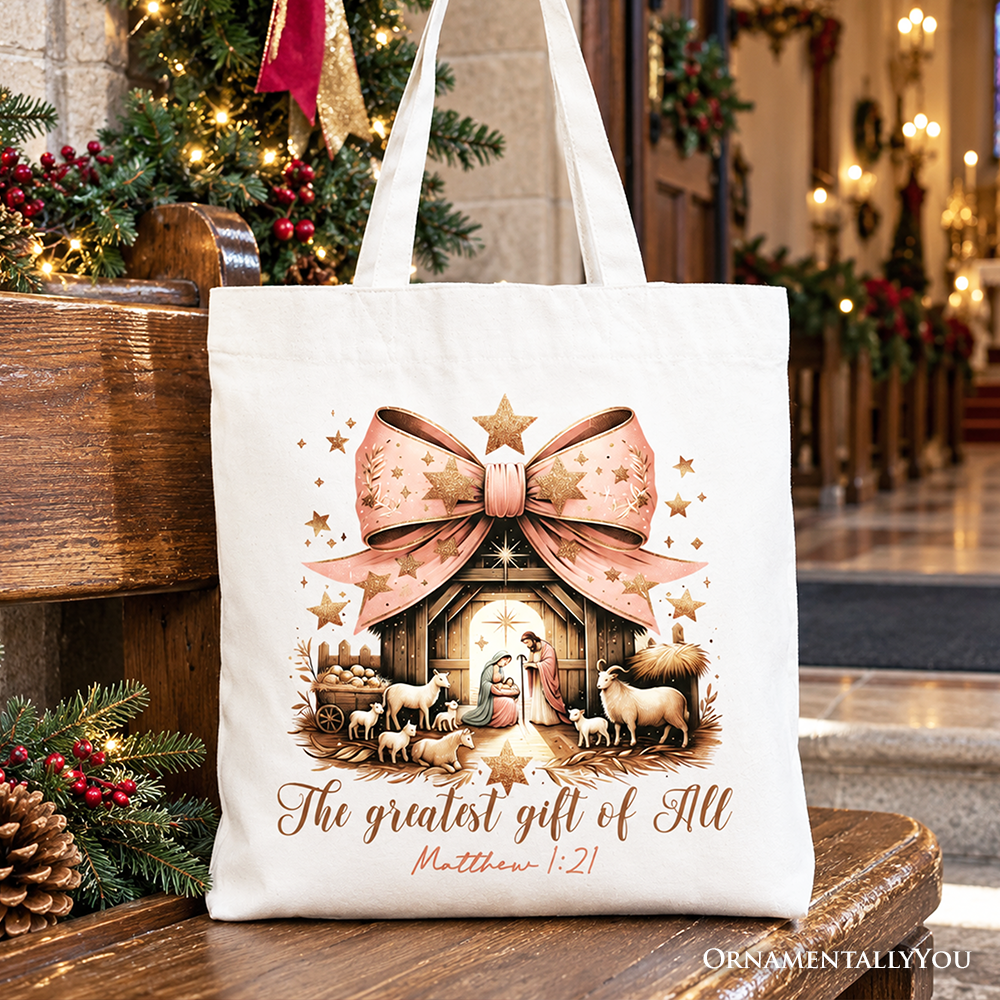Holy Night Nativity Scene Jesus Tote Bag, The Greatest Gift of All Matthew 1:21 Christian Christmas Gift Shopper